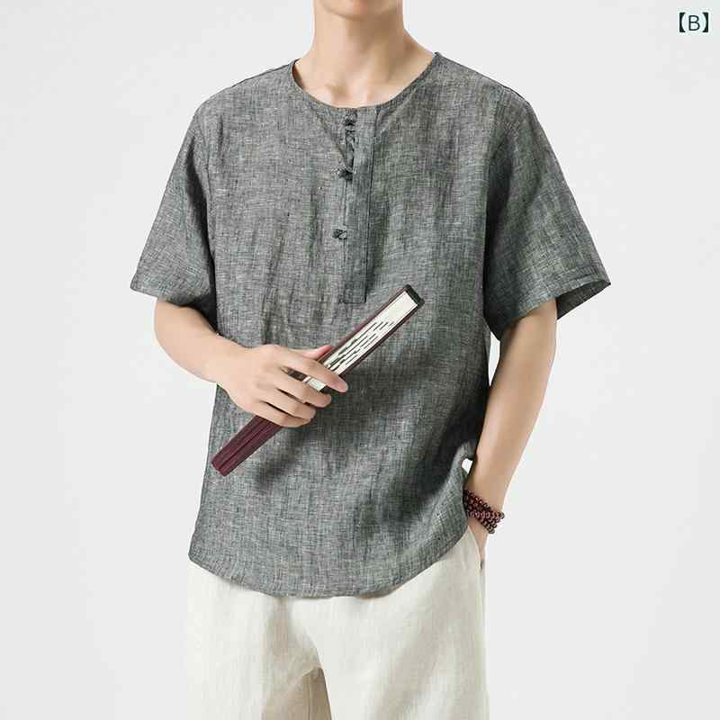 メンズ カジュアル 夏 T シャツ トップス 中華風 サマー ウェア かっこいい 普段着 日常使い リネン 薄手 通気性 ハイエンド レトロ 唐 スーツ