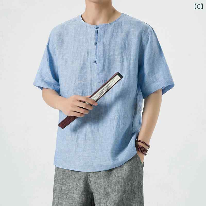 メンズ カジュアル 夏 T シャツ トップス 中華風 サマー ウェア かっこいい 普段着 日常使い リネン 薄手 通気性 ハイエンド レトロ 唐 スーツ