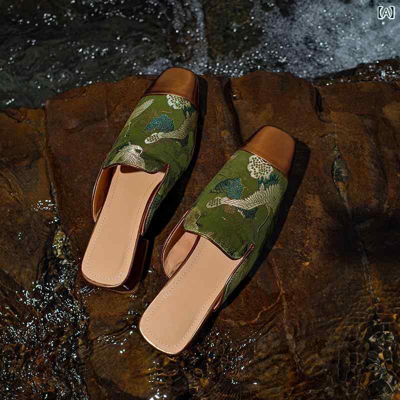 レディース 夏 ミュール おしゃれ 履きやすい 中華風 刺繍 包頭 ハーフ スリッパ 女性 アウターウェア ..