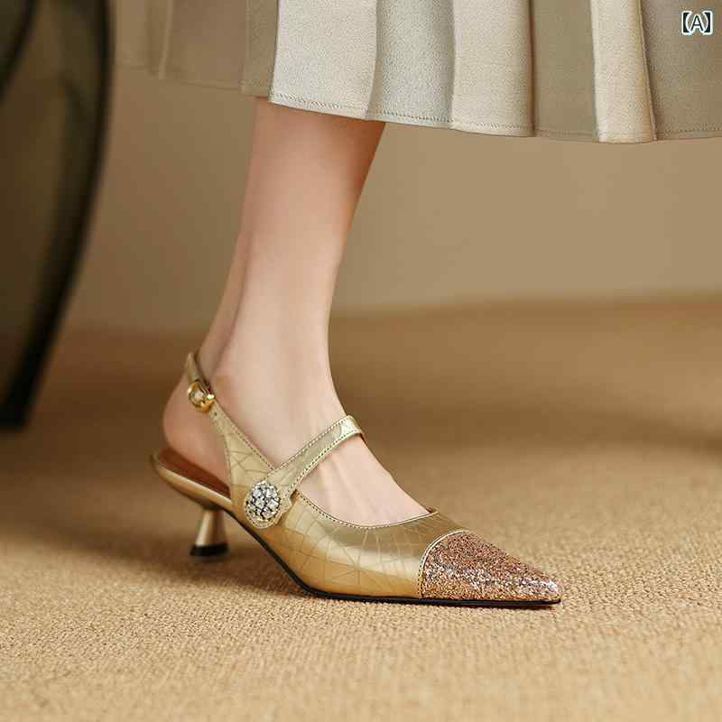 レディース ラインストーン ミュール パーティー おしゃれ 女性用 フレンチ キャット ヒール バッグ トゥ サンダル 革 ポインテッドトゥ ステッチ スパンコ...