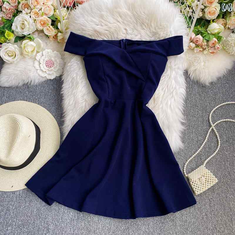 レディース 夏 ワンピース 魅惑的 ワン ライン ネック オフショルダー ウエスト 無地 a ドレス スリム ショート スカート