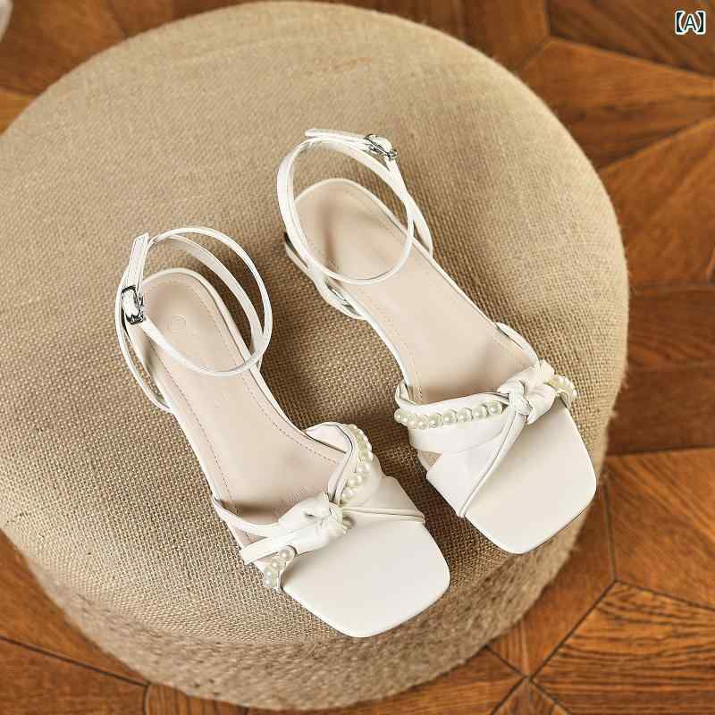 レディース 夏 ミュール サンダル おしゃれ 履きやすい フェアリー スタイル ワン ストラップ 女性 パール スクエアトゥ 太い ヒール フラット ローマン シューズ マッチング スカートに合う ファッション