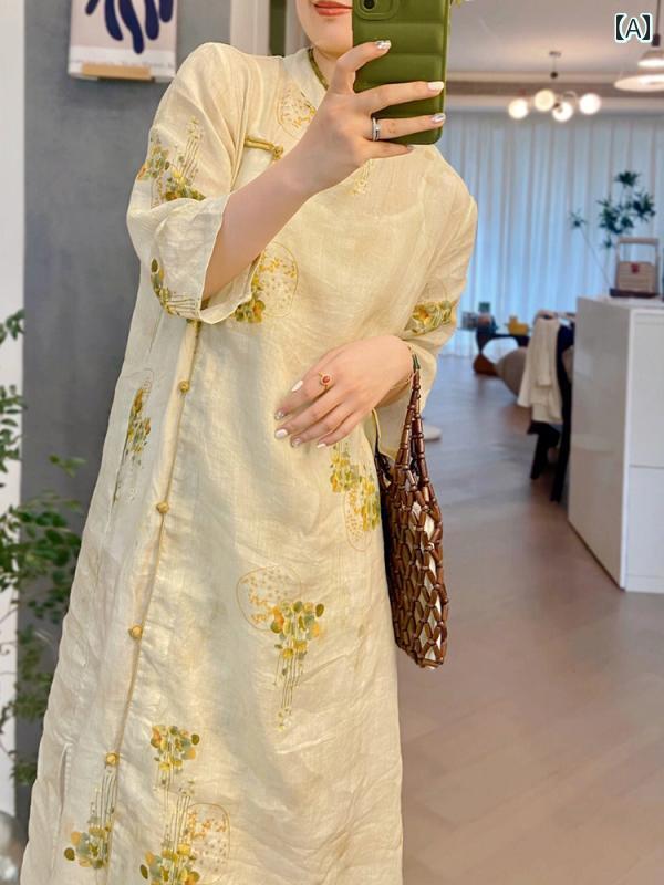 レディース チャイニーズ スタイル ワンピース おしゃれ 上品 婦人服 ティー アート 韓服 女性 中華風 プリント チャイナ ドレス 日常 スリム ラミー