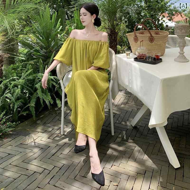 レディース リゾート ワンピース アボカド グリーン パフスリーブドレス ワン ライン カラー オフショルダー スリミング ビーチ ドレス エレガント ホリデー ロング