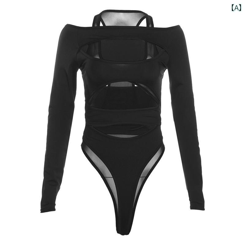 レディース ファッション モダン クール イン 個性 マルチ メッシュ スプライシング 長袖 T シャツ スリム ワンピース