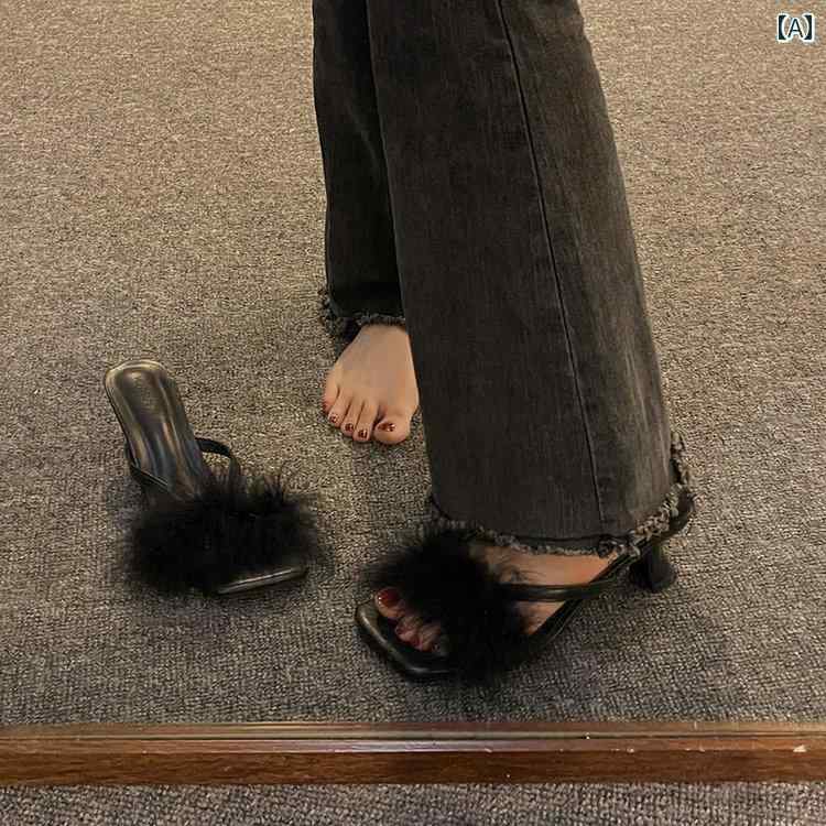 レディース 夏 サンダル フランス ハイヒール 毛皮 スリッパ アウター 婦人靴 フェアリー 白 フィット..