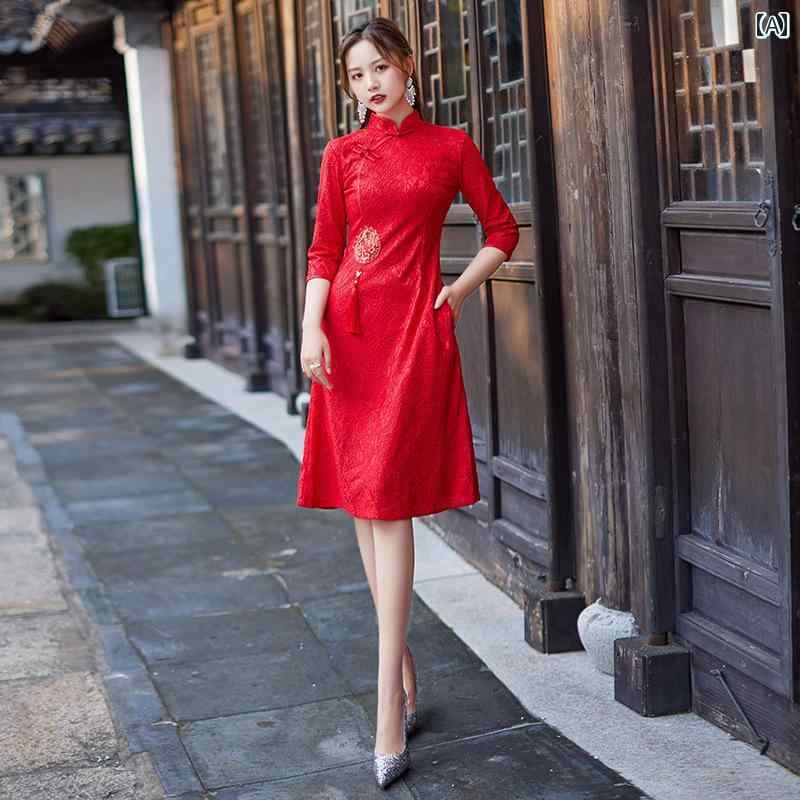 China Dress - チャイナドレス エレガント おしゃれ レトロ ワンピース レース ミドル丈 デイリー 秋冬 七分袖 A 裾 中華風 ドレス