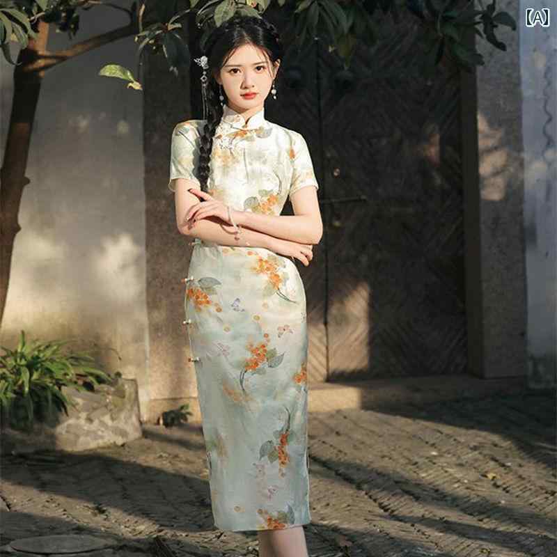レディース チャイナ ドレス かわいい ワンピース ハイエンド フレッシュ 普段使い 日常着 半袖 中華風 優しい プリント
