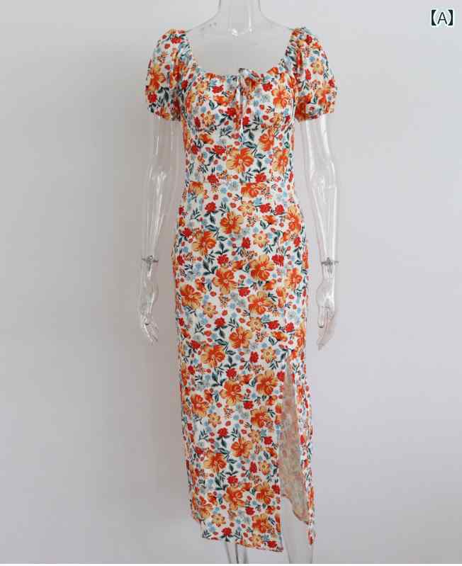 レディース リゾート ワンピース アメリカ ホリデー 旅行 イン スクエアネック パフスリーブ ミモレ丈 スカート フレンチ フローラル スリットドレス