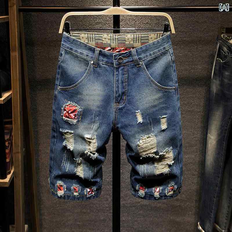 乐天商城 - メンズ パンツ デニム ハーフ スリム 膝 複数 穴 サマー デニムショート パッチ スクラッチ ストレート 大きいサイズ ミドル レングス