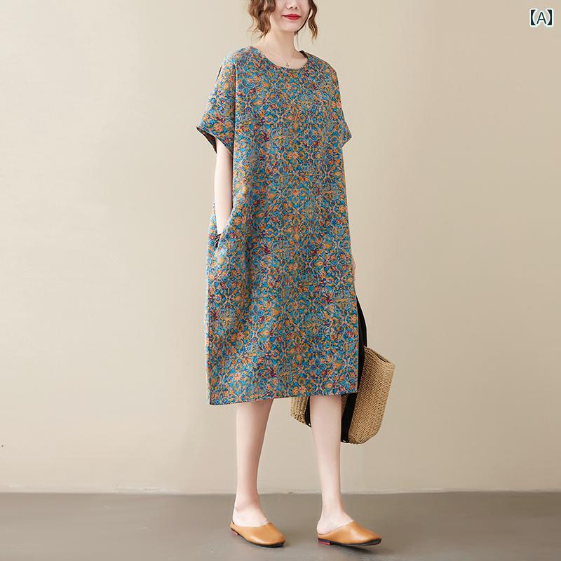 レディース 夏 ワンピース ロング ビーチ リゾート 女性 サマードレス 半袖 コットンリネン ドレス 大きいサイズ ミドル丈 スカート レ..