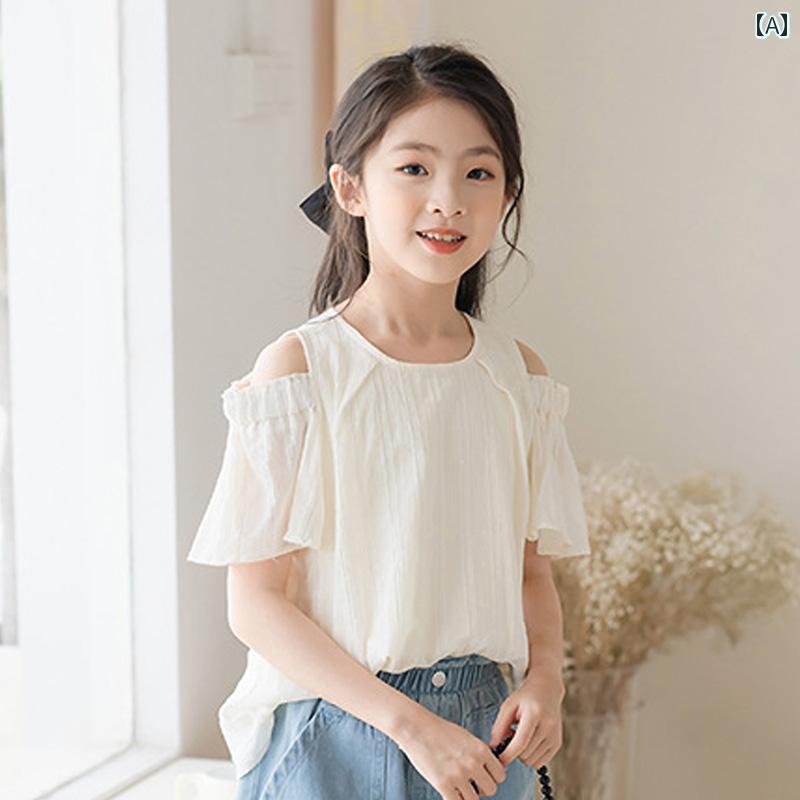 レディース 夏 女の子 ガールズ用 トップス 用 コットン オフショルダー シャツ 小中学生 子供用 プリンセス 半袖 サマー ドール T