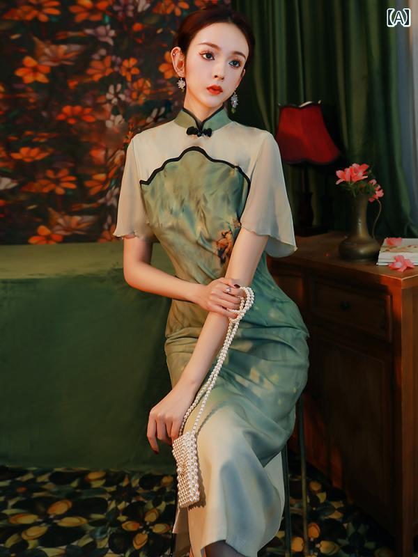 レディース ワンピースドレス パフォーマンス 撮影 衣装 コスプレ かわいい 緑 チャイナ ドレス 女性 レトロ 中華風 民族風 古風 ミドル丈