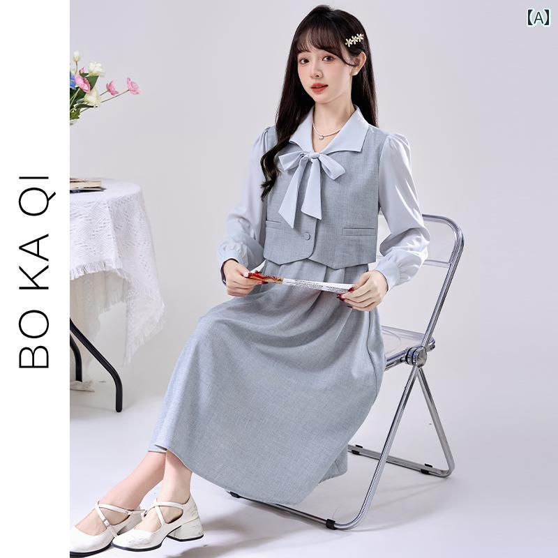 ワンピース きれいめ ガーリー 大人かわいい 春秋 フレンチ リボン フェイク ツー...