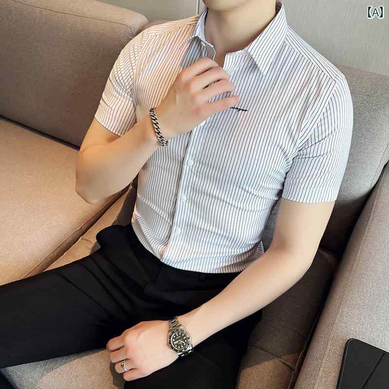 メンズ カジュアル トップス サマー シャツ 半袖 ストライプ 薄手 インチ 韓国 スリム フィット ライト..