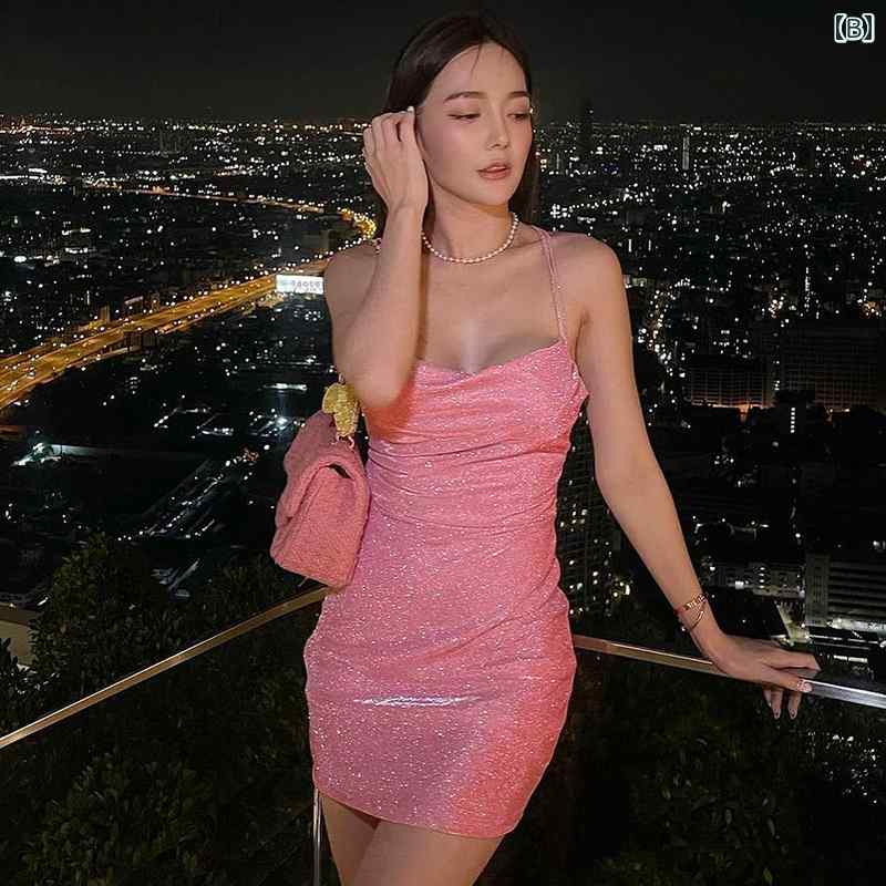 レディース ファッション ワンピース アメリカ スタイリッシュ ガールズ グリッター バック レス ストラップ ドレス 魅惑的 女性 通勤 スカート