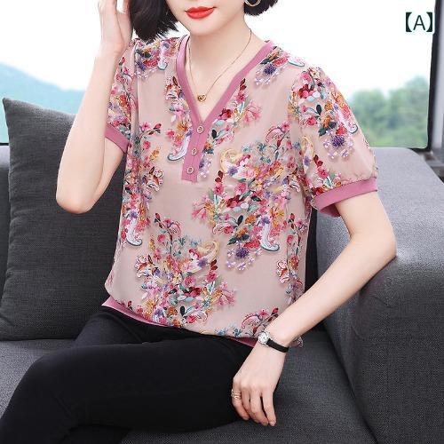 レディース 夏 カジュアル T シャツ 半袖 ゆったり 体型カバー マザーズ 婦人服 おしゃれ 普段使い ママ 服 V ネック お腹 カバー トップス t プリント ウエスタンシャツ