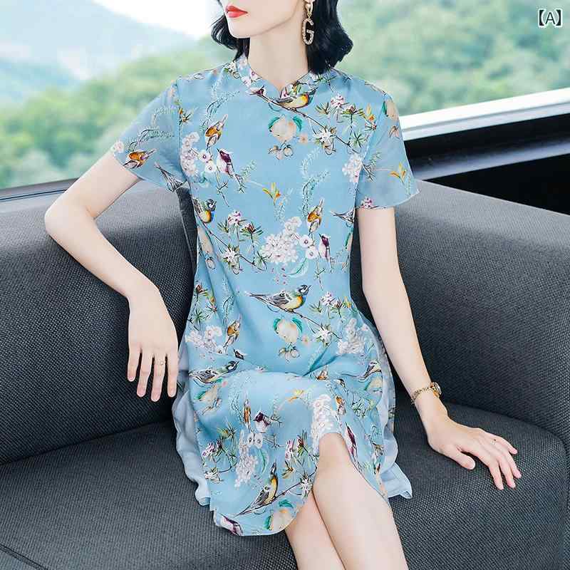 Unisex Casual Wear - レディース 夏 ワンピース きれいめ 上品 ミセス マザーズ 婦人服 ドレス 春 スタイル レトロ 若々しい チャイナ 中華風
