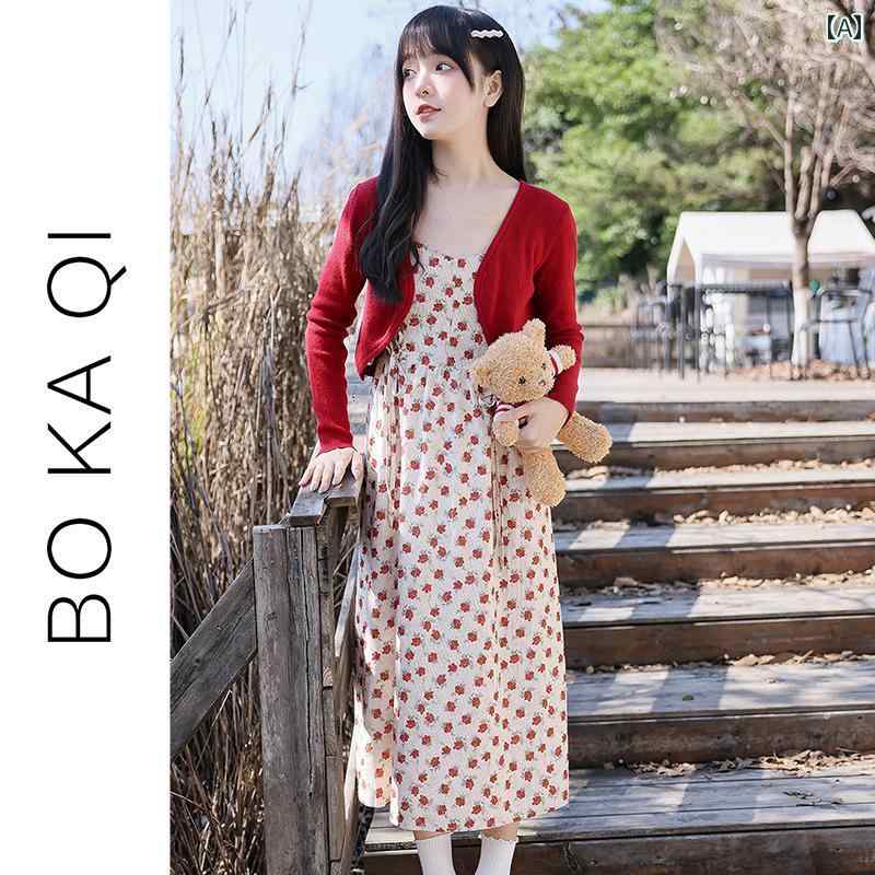 ワンピース きれいめ ガーリー 大人かわいい 秋冬 優しい レースアップ 花柄 サスペンダー ドレス フェミニン ウエスト ミドル丈 スカート