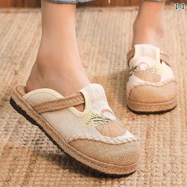 レディース 夏 ミュール フラット おしゃれ 婦人靴 スリッパ 履きやすい 包頭 古風 布 レトロ エスニッ..