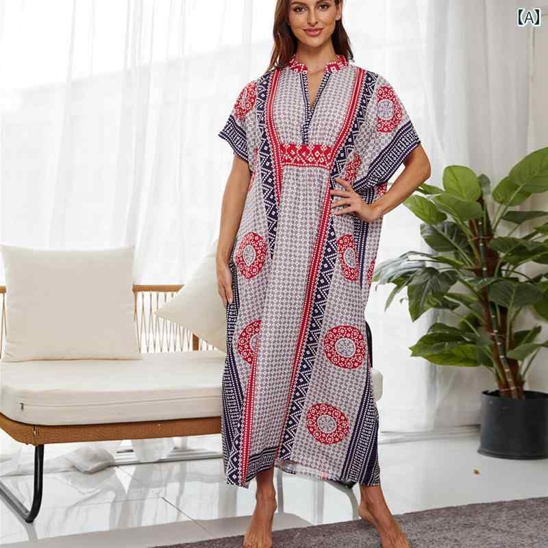 レディース リゾート ワンピース ローブ アメリカ プリント ドレス カフタン 海辺 休暇 イミテーション ブルー 染料 ロング スカート