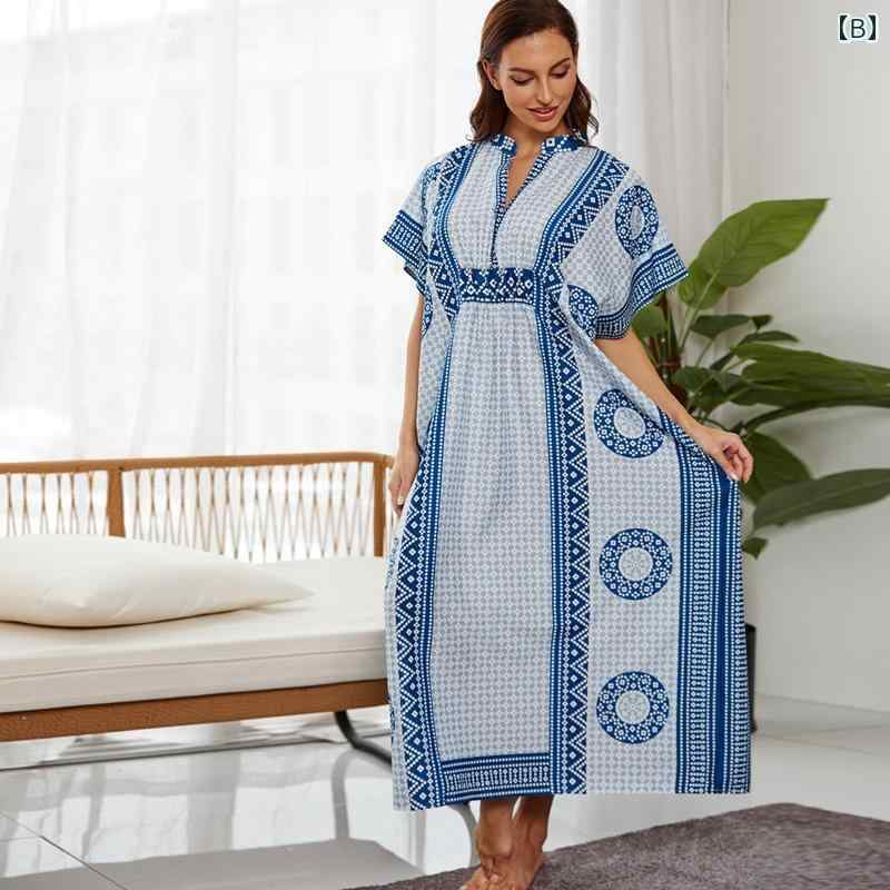 レディース リゾート ワンピース ローブ アメリカ プリント ドレス カフタン 海辺 休暇 イミテーション ブルー 染料 ロング スカート