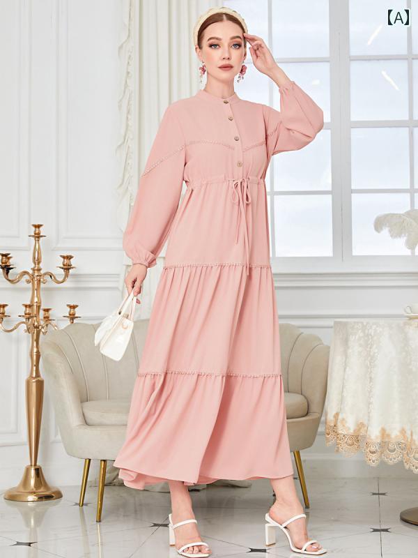 レディース リゾート ワンピース レース ステッチ アメリカ ウエスト ドレス ロング スカート ラウンド..