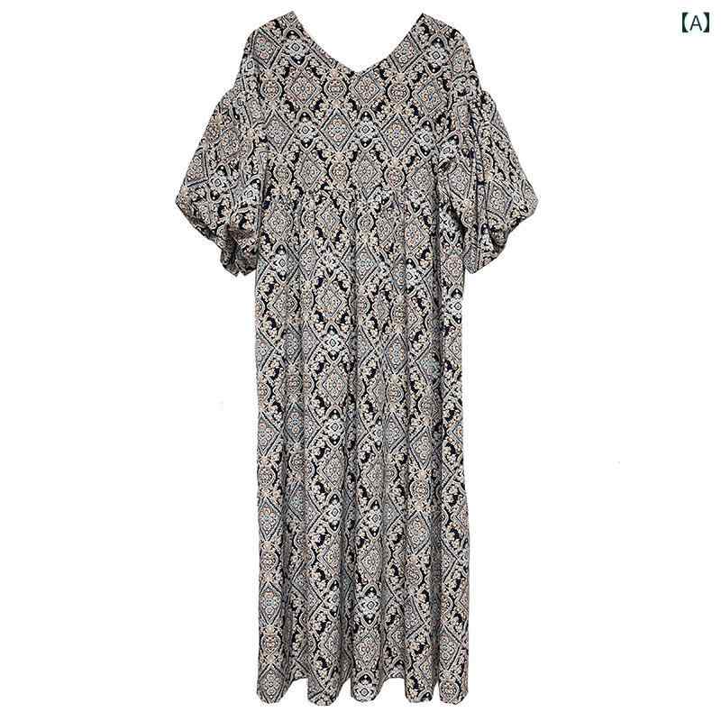 レディース カジュアル リゾート ワンピース ホリデー ワンピ レトロ プリント ドレス ボヘミアン ロング スカート パフスリーブ 休暇