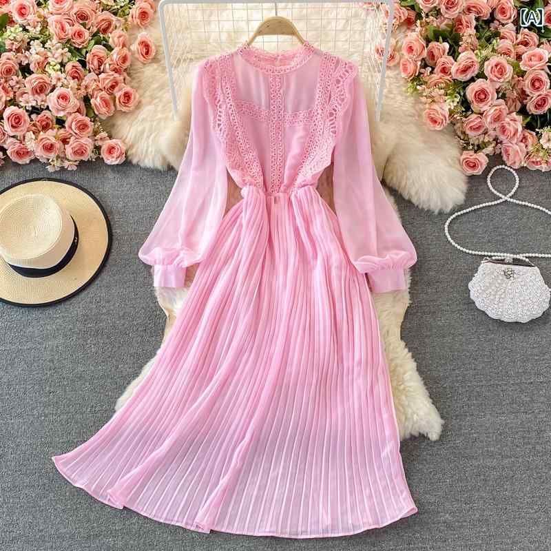 レディース ワンピース 秋 宮殿 レトロ レース スプライシング プリーツ シフォン ドレス ハイウエスト スリム ロング スカート