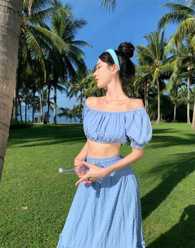 レディース 夏 フランス レトロ リゾート 青い ワンピース 襟 トップス パフ スリーブ 短い ウエスト レス スカート ツーピース スーツ