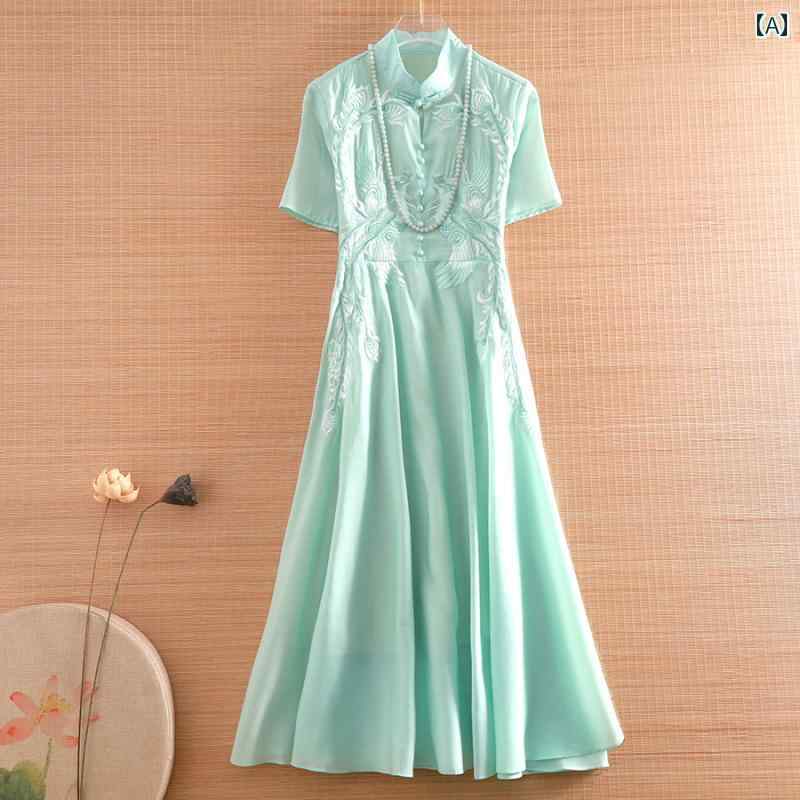 レディース 夏 ワンピース エスニック アンティーク スリム ロング ドレス フェニックス 刺繍 フレッシュ フェアリー レディース