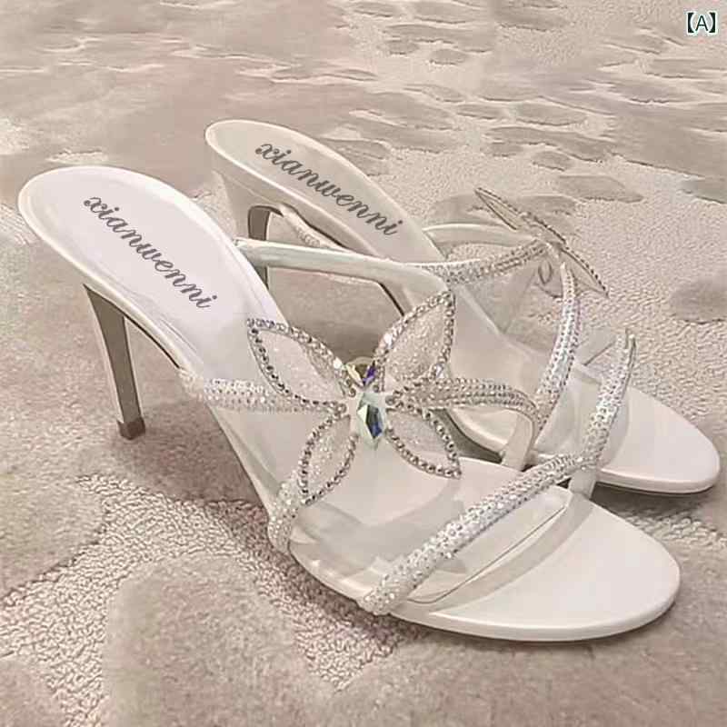 レディース 夏 ラインストーン アメリカ 細いヒール 蝶 ワン ストラップ サンダル フェアリー オープン トゥ 魅惑的 ハイヒール スリッパ