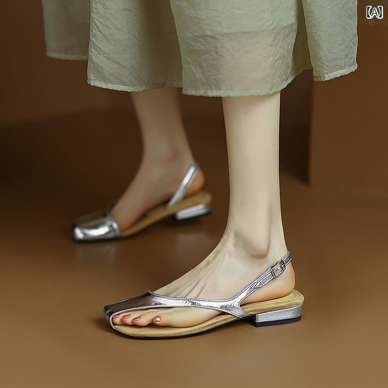 レディース ミュール サンダル フォーマル 女性用 ハーフ キャップ トゥ トング 太い ヒール 革 ファッ..