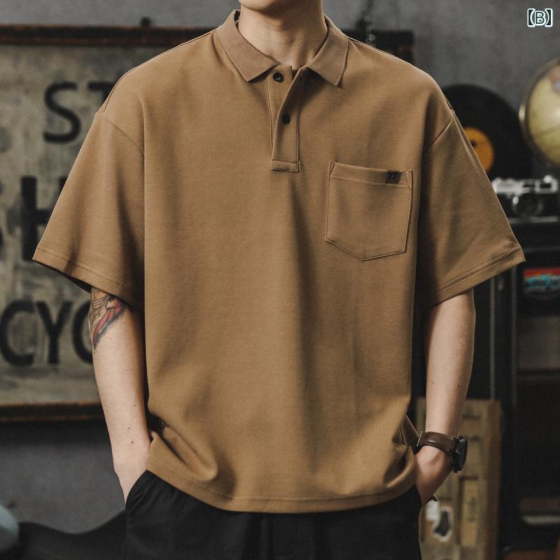 メンズ ポロシャツ トップス アメリカン レトロ サマー ゆったり 大きいサイズ 半袖 軽量 高級 T シャツ ヘビーウェイト