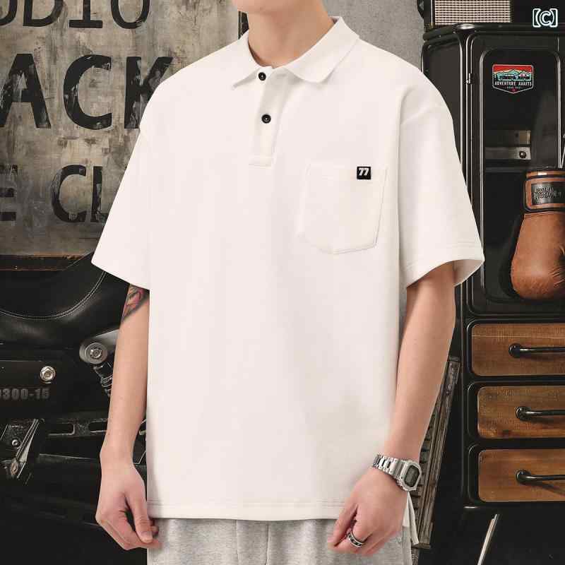 メンズ ポロシャツ トップス アメリカン レトロ サマー ゆったり 大きいサイズ 半袖 軽量 高級 T シャツ ヘビーウェイト
