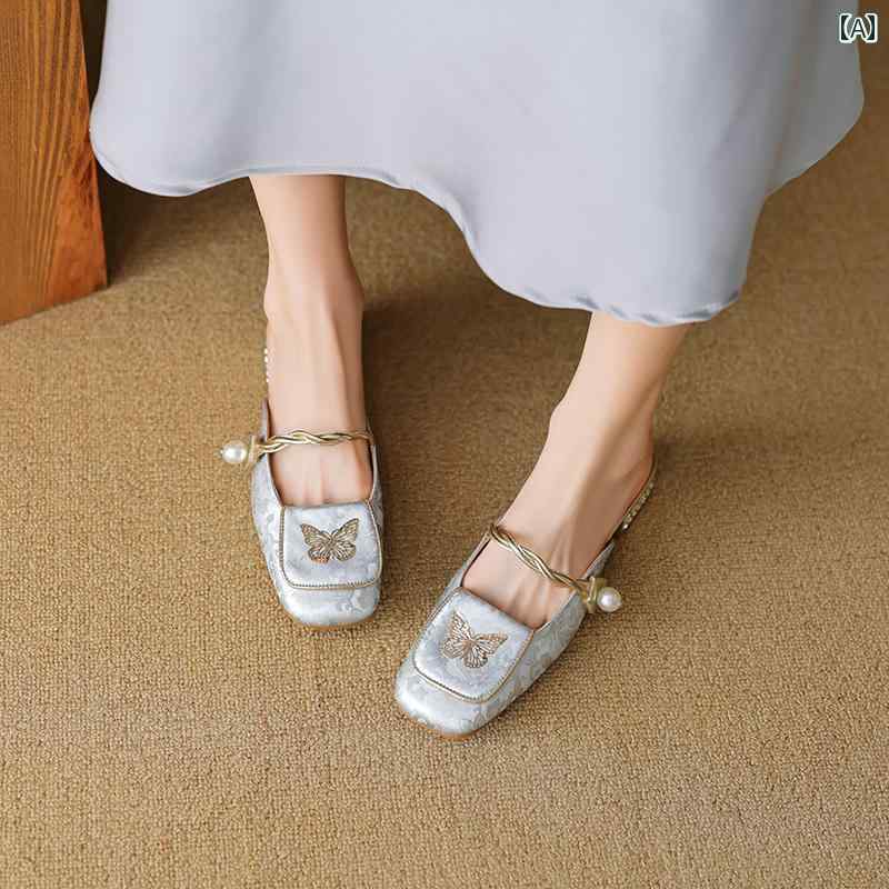 レディース ミュール おしゃれ パーティー ナショナル スタイル 革 つま先 キャップ ハーフ スリッパ 女性 ぺたんこ パール ワン ワー..