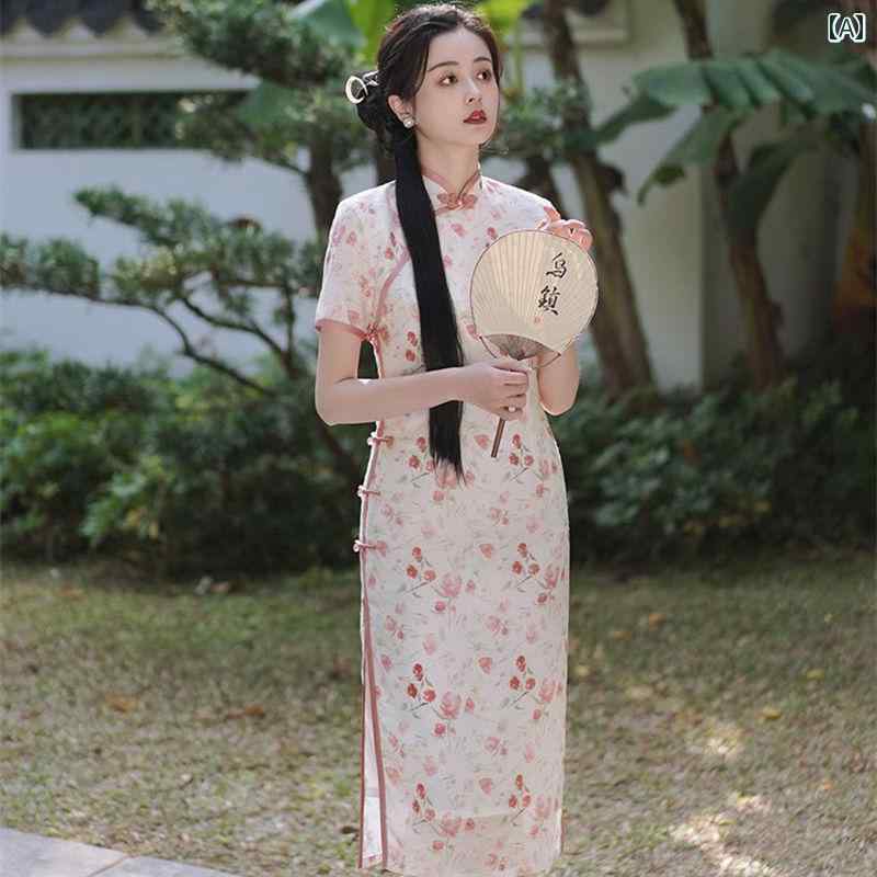 レディース 夏 チャイナ ドレス かわいい ワンピース 骨 浸食 半袖 ガールズ デイリー ファッション ピンクレディ 花柄 シフォン