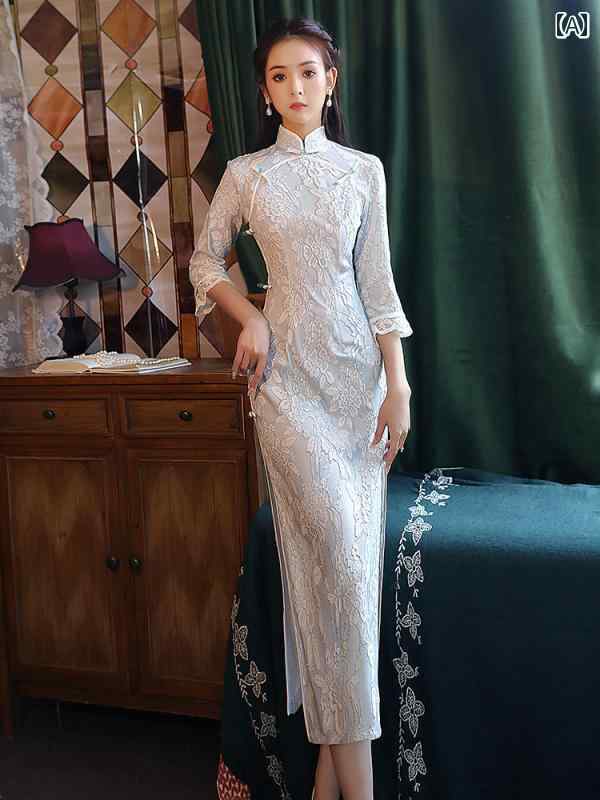 China Dress - レディース チャイナ ドレス おしゃれ ワンピース コスプレ 撮影 衣装 中華風 レース 女性 秋冬 ハイエンド 上品 洗練 ブルー ミドル丈