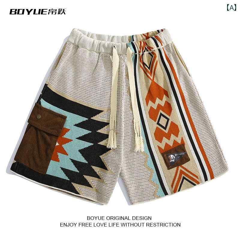 Patchwork Shorts - メンズ レディース パンツ ハーフ スポーツ アウトドア エスニック エキゾチック ニット パッチワーク ポケット ショーツ ハイエンド 女性用 五分丈