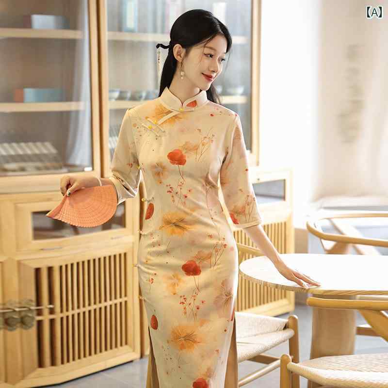 China Dress - レディース チャイナ ドレス エレガント ワンピース 撮影 衣装 普段使い 日常着 ロング 秋 上品 洗練 ハイエンド 生活 女性用 長袖
