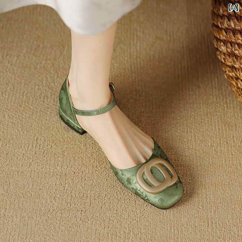 レディース 夏 ミュール サンダル おしゃれ ぺたんこ 履きやすい 革 グリーン 包頭 女性 アウター フェ..