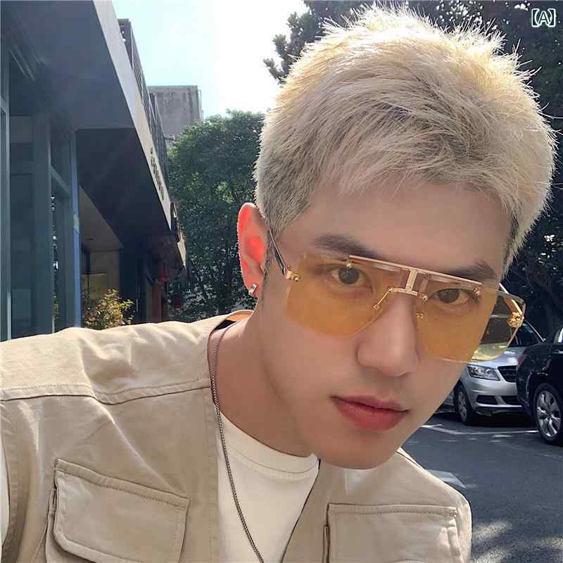 メンズ サングラス おしゃれ フレームレス パイロット 韓国 透明 黄色 個性 大きい 丸顔 スリム
