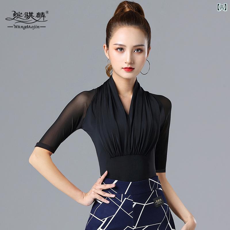 レディース ラテン ダンス トップス メッシュ プロ 社交 モダン 練習着 長袖 ワンピース 服