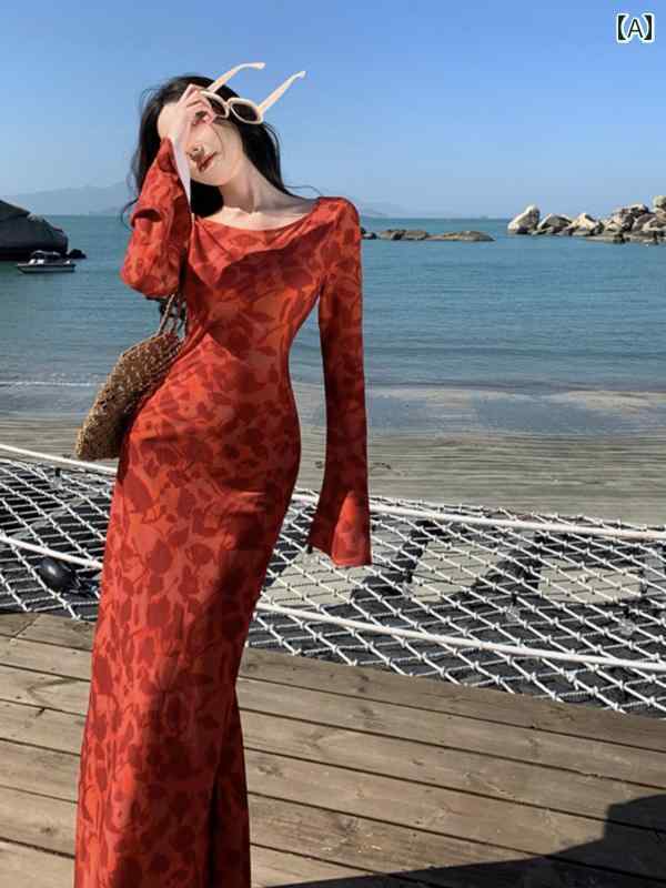 レディース リゾート ワンピース ボヘミアン レトロ プリント 長袖 ドレス お姫様 スリム シーサイド ビーチ ホリデー