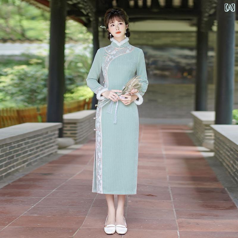 China Dress - レディース チャイナ ドレス エレガント ワンピース 撮影 衣装 緑 秋冬 厚手 ベルベット 中華風 クール 長袖 ハイエンド 普段使い 日常着