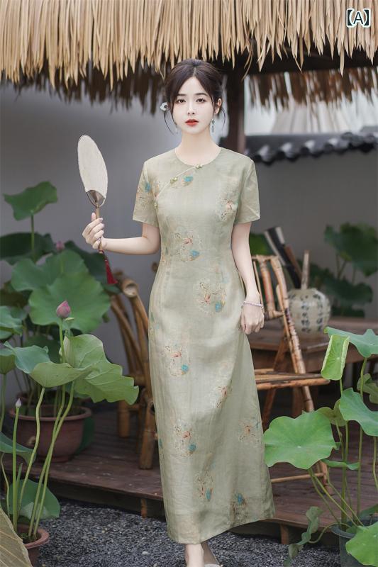 レディース 夏 チャイナ ドレス おしゃれ ワンピース 普段着 撮影 衣装 中華風 ラウンドネック ロング ゆったり スリム レトロ フランス 文学 a ライン ティー