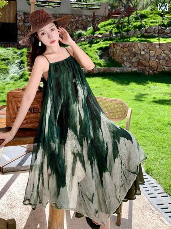 レディース 夏 リゾート ワンピース 海辺 休暇 ビーチ ドレス 観光 リフレッシュ 旅行 服 プリント プリーツ サスペンダー