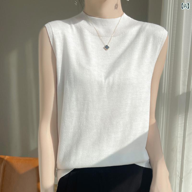 Turtleneck - レディース ノースリーブ セーター ニット ウール 袖し トップス ハーフハイネック エレガント 春夏秋 ショート丈 アウタートップス シンプル シック スリムフィット 無地 ミニマム モダン
