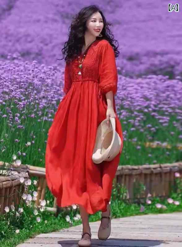 レディース 夏 カジュアル ワンピース ビーチ リゾート ハイエンド ラミー 刺繍 ドレス 女性 サマードレス 休暇 ウェア スカート 白 エレガント ロング(4)