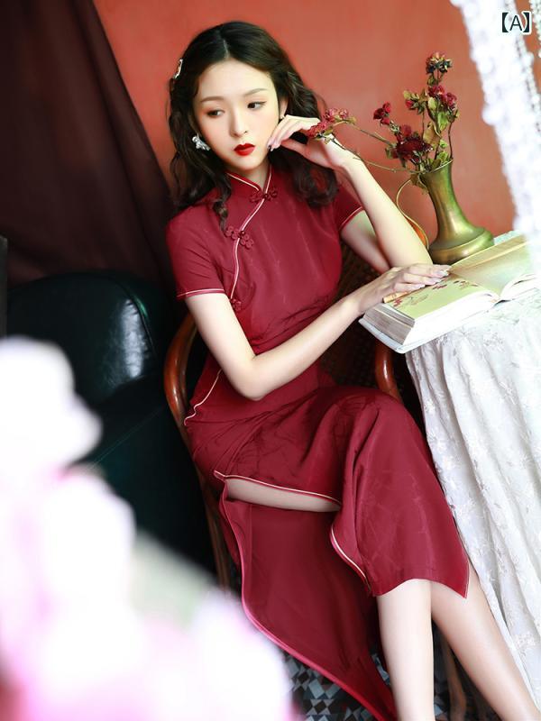 レディース チャイナ ドレス おしゃれ ワンピース コスプレ 撮影 衣装 ブルゴーニュ ロング スリム レトロ 中華風 ブライダル トースト 女性